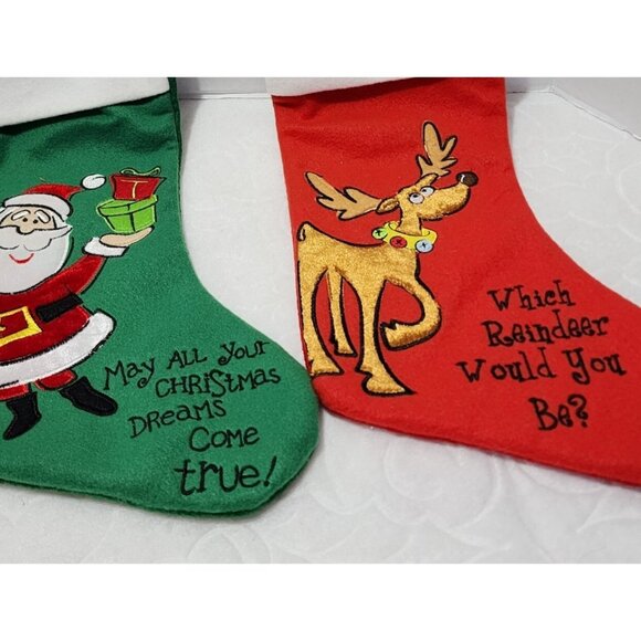 2 Dan Dee Santa Reindeer Christmas Stockings applique holiday whimsy 2011 - Picture 2 of 12